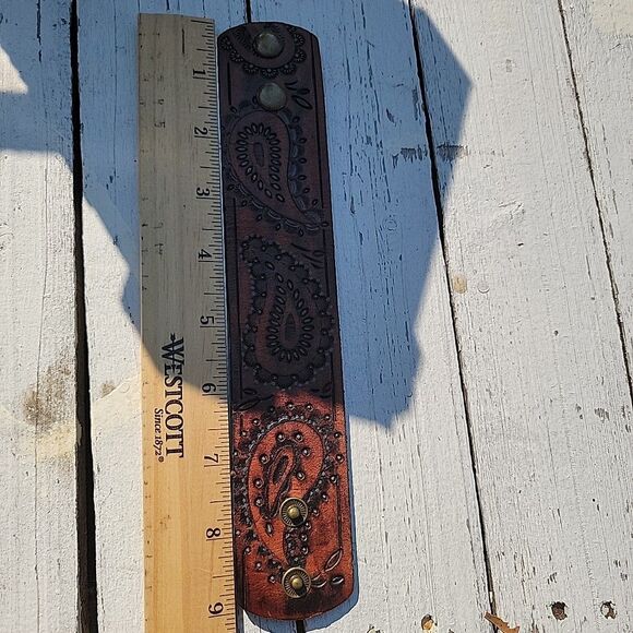 Handcrafted Navajo Choctaw 100% Brown Leather Cuff Bracelet Turquoise Painting - Picture 2 of 3